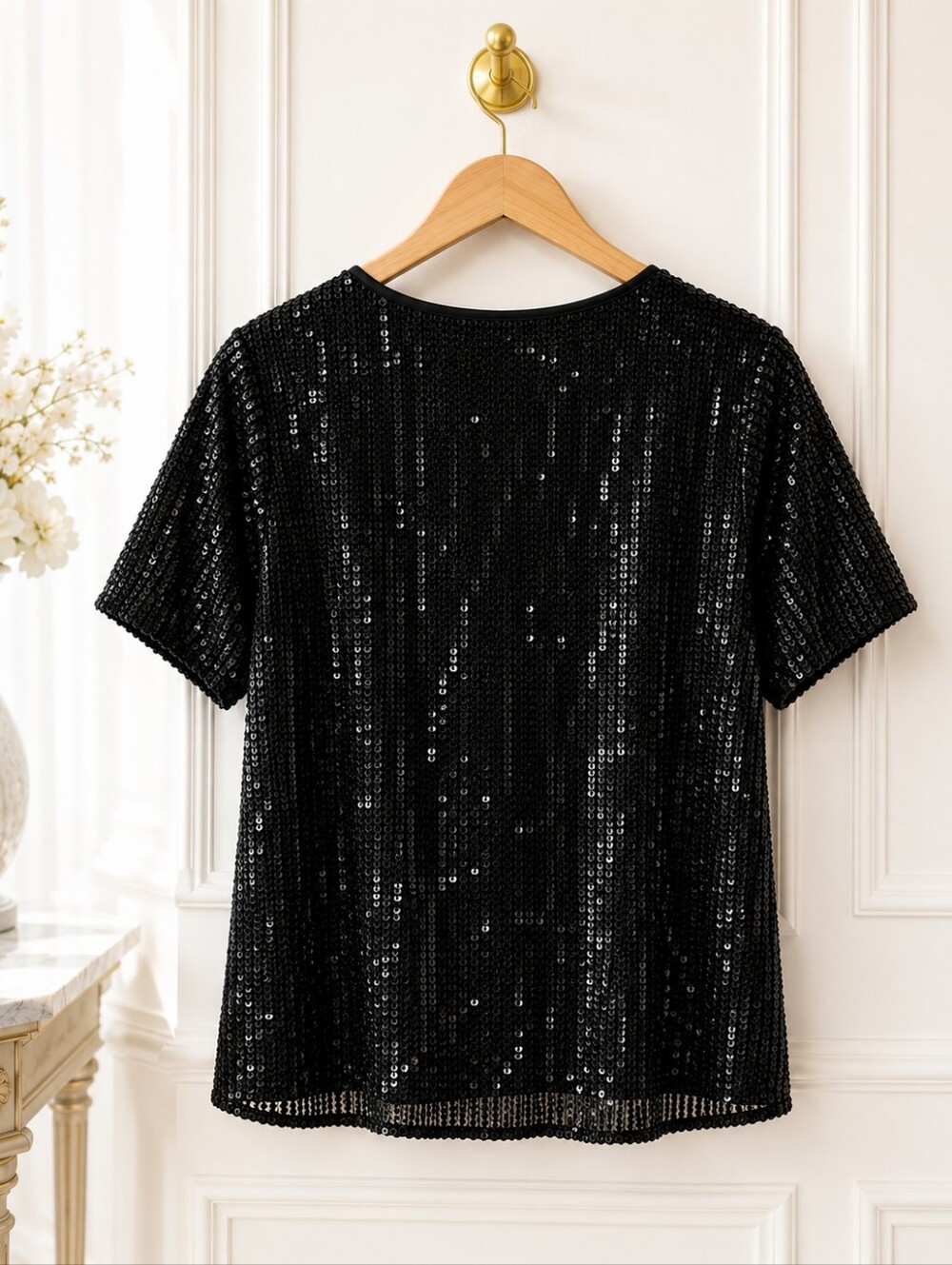 Melloday | Black Sequin Blouse Short Sleeve Elegant Sparkle Party Top | Size: L - Picture 6 of 10
